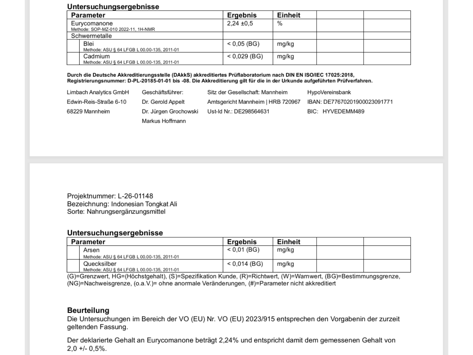 Independent laboratory test report for Tongkat Ali extract